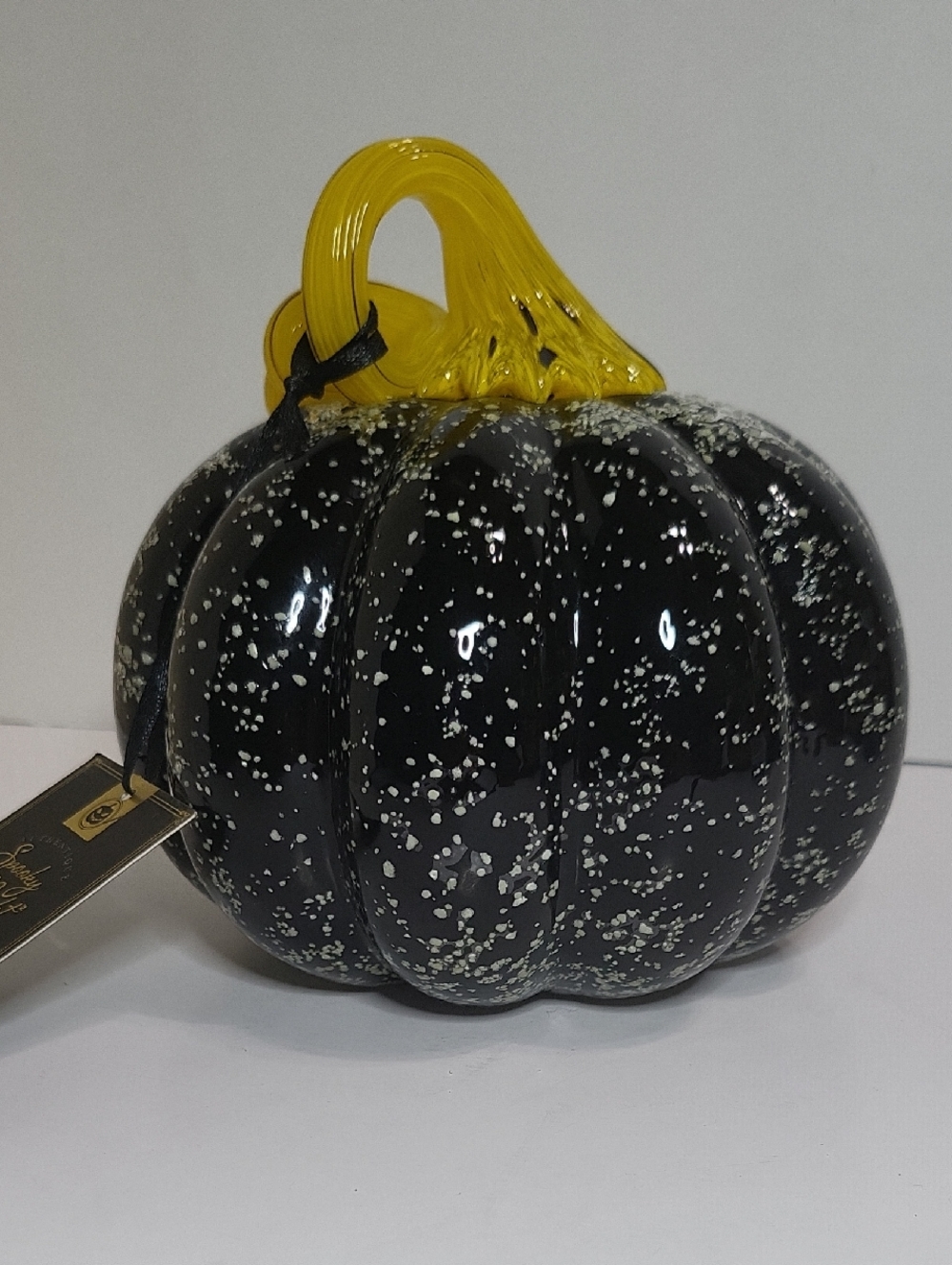 Decorative Glow In The Dark Black Glass Pumpkin with Yellow Stem